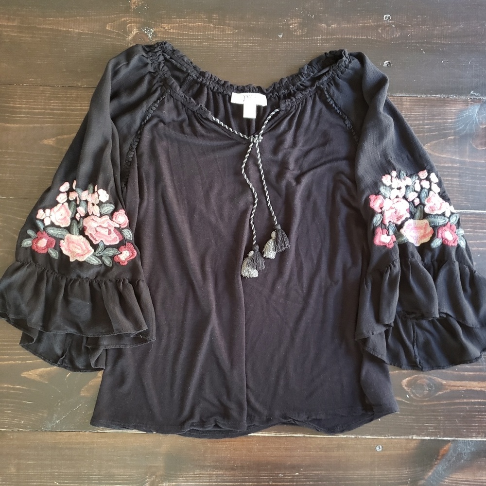 Womens Blouse with Embroidered Floral Sleeves